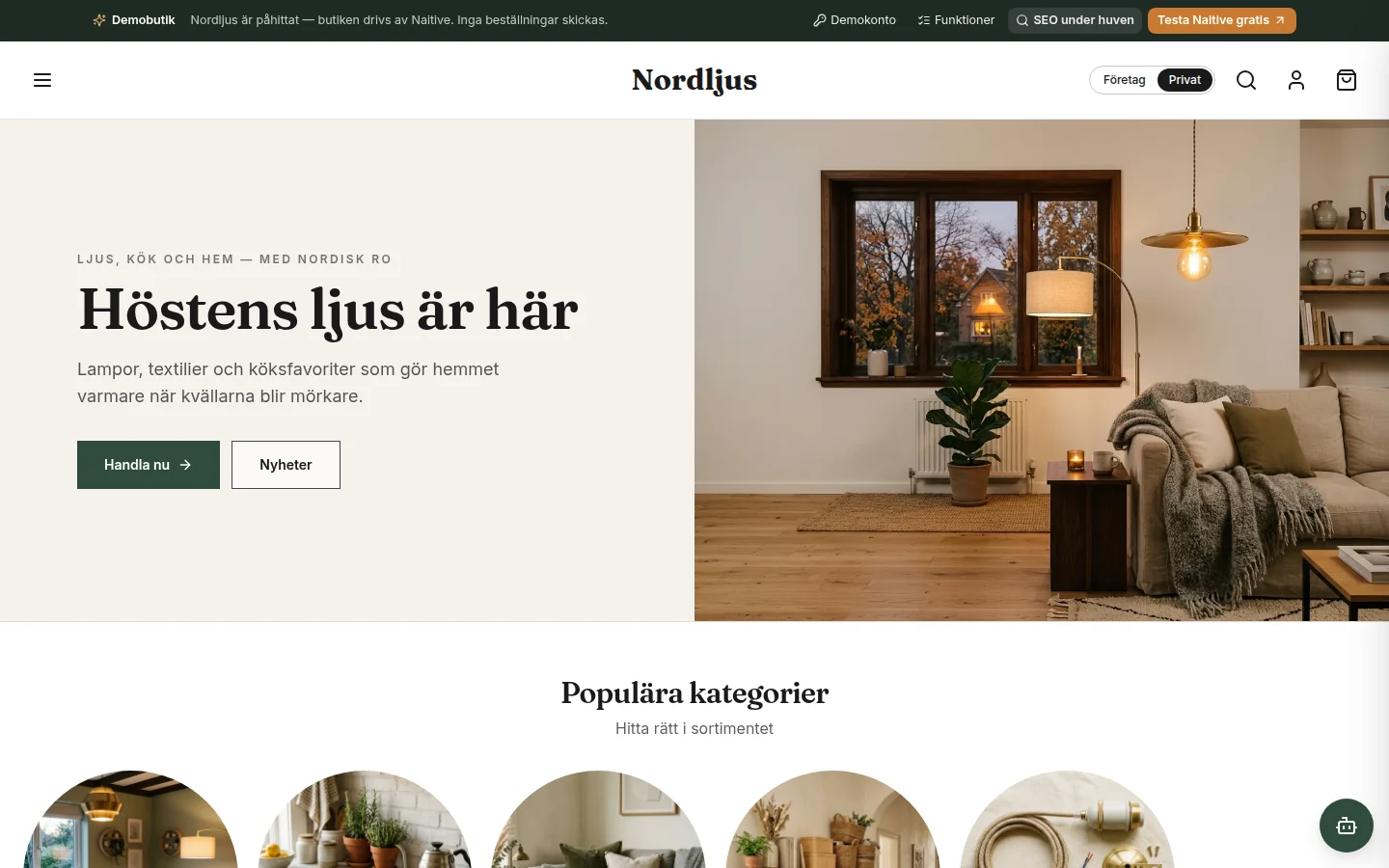 Naitives demobutik Nordljus med produkter, filter och kampanjpriser